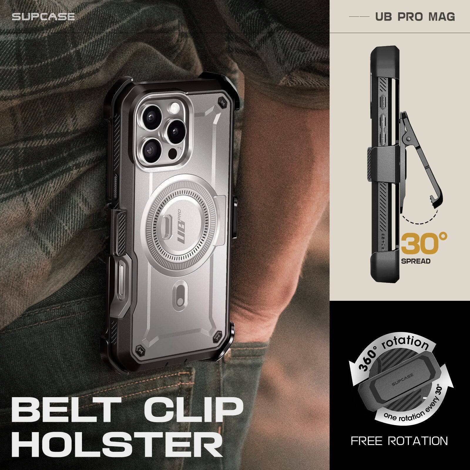 SUPCASE UB PRO MAG: 30° SPREAD BELT CLIP HOLSTER, 360° FREE ROTATION, one rotation every 30°