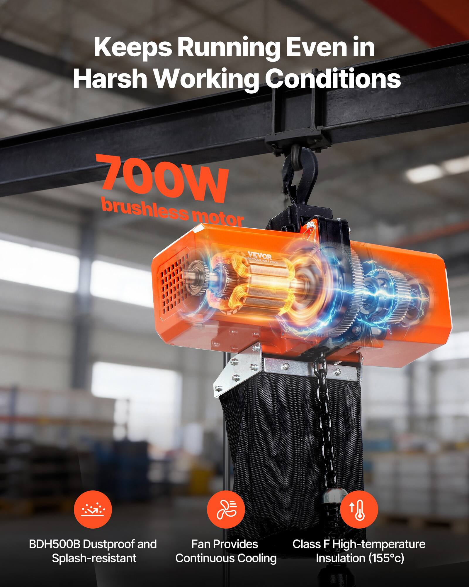 Keeps Running Even in Harsh Working Conditions

700W brushless motor

VEVOR L - BDH500B

Dustproof and Splash-resistant

Fan Provides Continuous Cooling

Class F High-temperature Insulation (155°C)