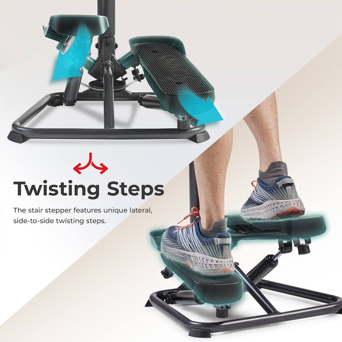 Twisting Steps
The stair stepper features unique lateral, side-to-side twisting steps.
