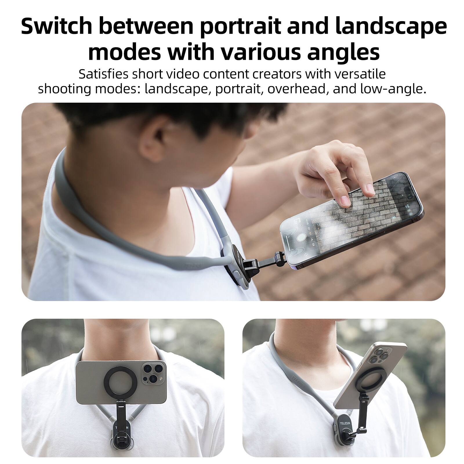 Switch between portrait and landscape modes with various angles

Satisfies short video content creators with versatile shooting modes: landscape, portrait, overhead, and low-angle.