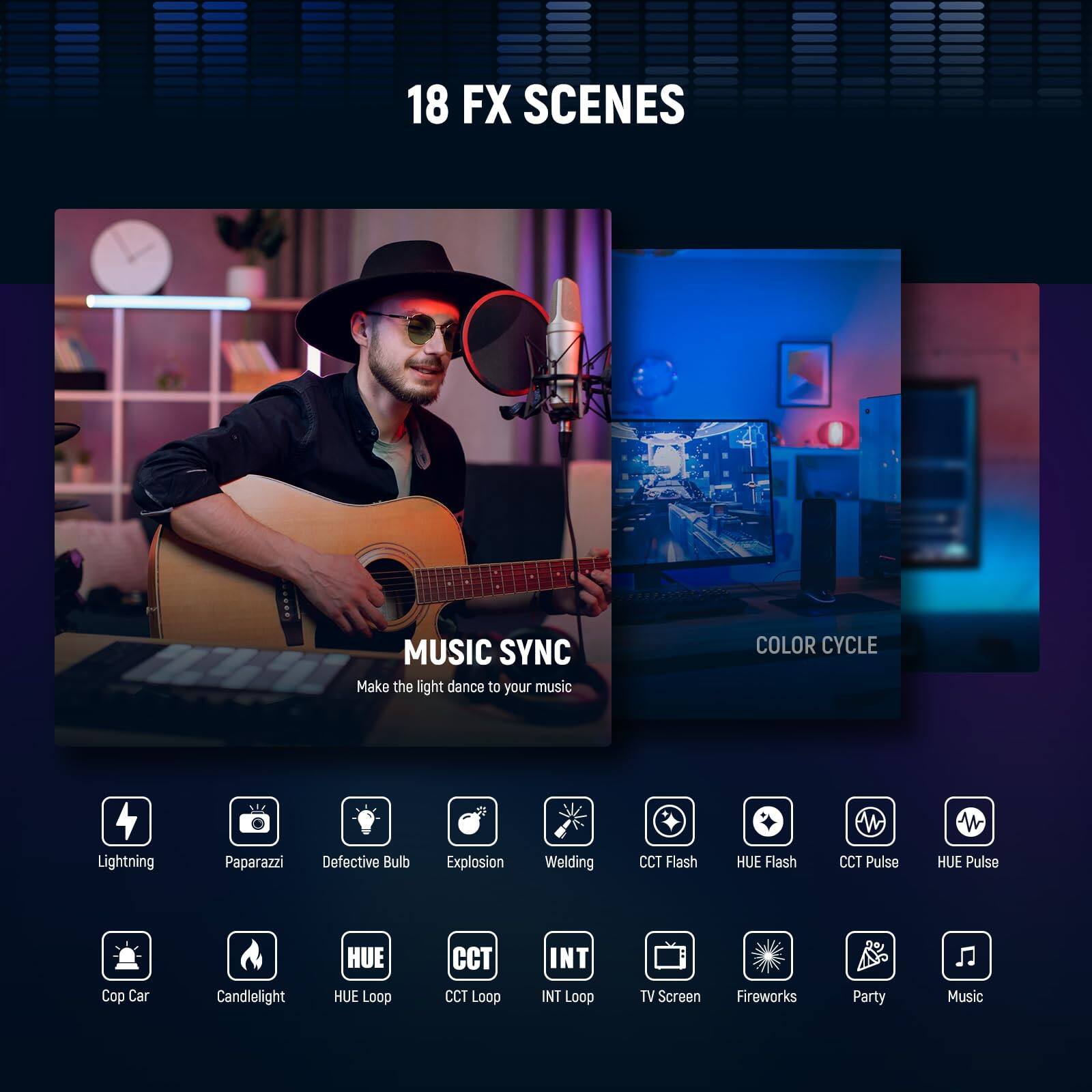 18 FX SCENES

MUSIC SYNC
Make the light dance to your music

COLOR CYCLE

- Lightning
- Paparazzi
- Defective Bulb
- Explosion
- Welding
- CCT Flash
- HUE Flash
- CCT Pulse
- HUE Pulse
- Cop Car
- Candlelight
- HUE Loop
- CCT Loop
- INT Loop
- TV Screen
- Fireworks
- Party
- Music