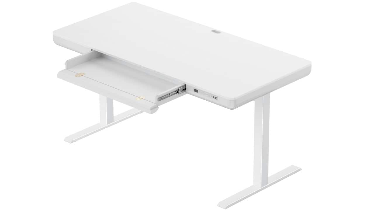Front. ErgoAV - Adjustable White Electric Standing Desk with USB Ports & Storage Drawer/Keyboard Tray - 55" x 27", ERDS4-01W - White.