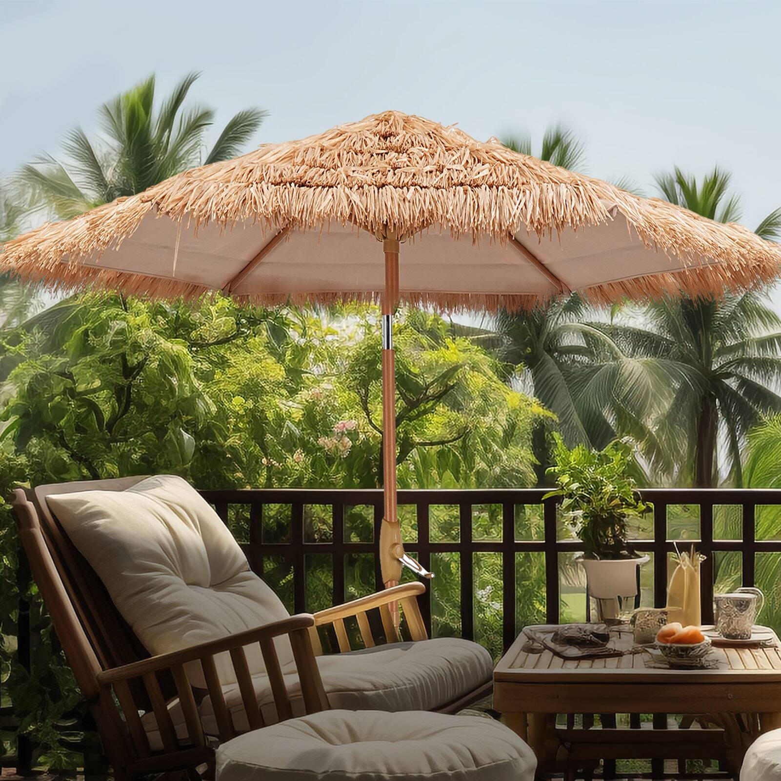 Back. Ainfox - Ainfox 7.5ft Tiki Patio Umbrella Outdoor Table Umbrella With Led Lights - Nature.