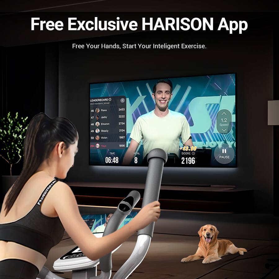 Free Exclusive HARISON App  
Free Your Hands, Start Your Intelligent Exercise.

LEADERBOARD  
343 members joined  
46 Fiona 3453  
47 Jacky 3232  
48 Emmam 2734  
49 Snealy 2134  
50 Viudan 1967  
264 Yoya 1856  

TIME 06:48  
KCAL 8  
SCORE 2196  

1.2 Speed  
+43.80  
PAUSE