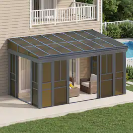 U-HOMY - Grey Wall-Mounted Solarium Sunroom Kit with Sliding Doors and Adjustable Polycarbonate Windows - 10'x16'