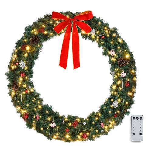 Front. Winado - 48in Christmas Wreath Pre-Lit with Light and Bows for In/Outdoor Holiday Decoration Decoration - Green.