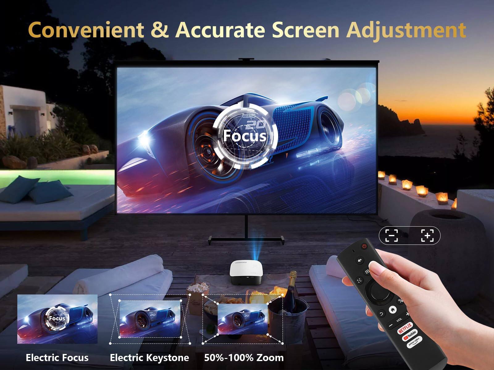 Convenient & Accurate Screen Adjustment 20 Focus Electric Focus 20 Electric Keystone 50%-100% Zoom + VOL NETFLIX