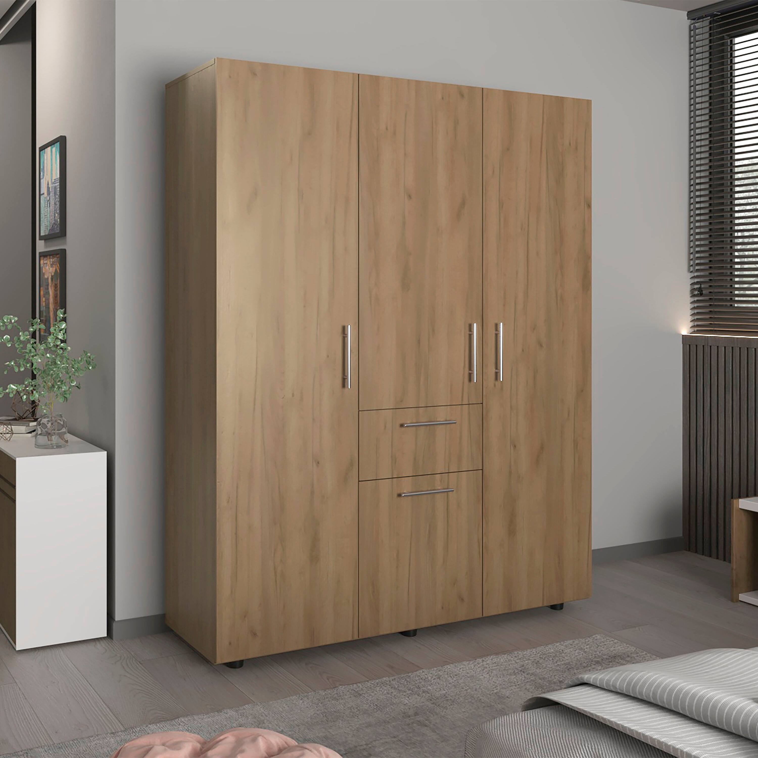 Left. TuHome - Bariloche 70" High Four- Door, One Drawer Armoire With Three Hanging Rods, Seven Shelves Bedroom, Wardrove, Closet - Natural Oak.