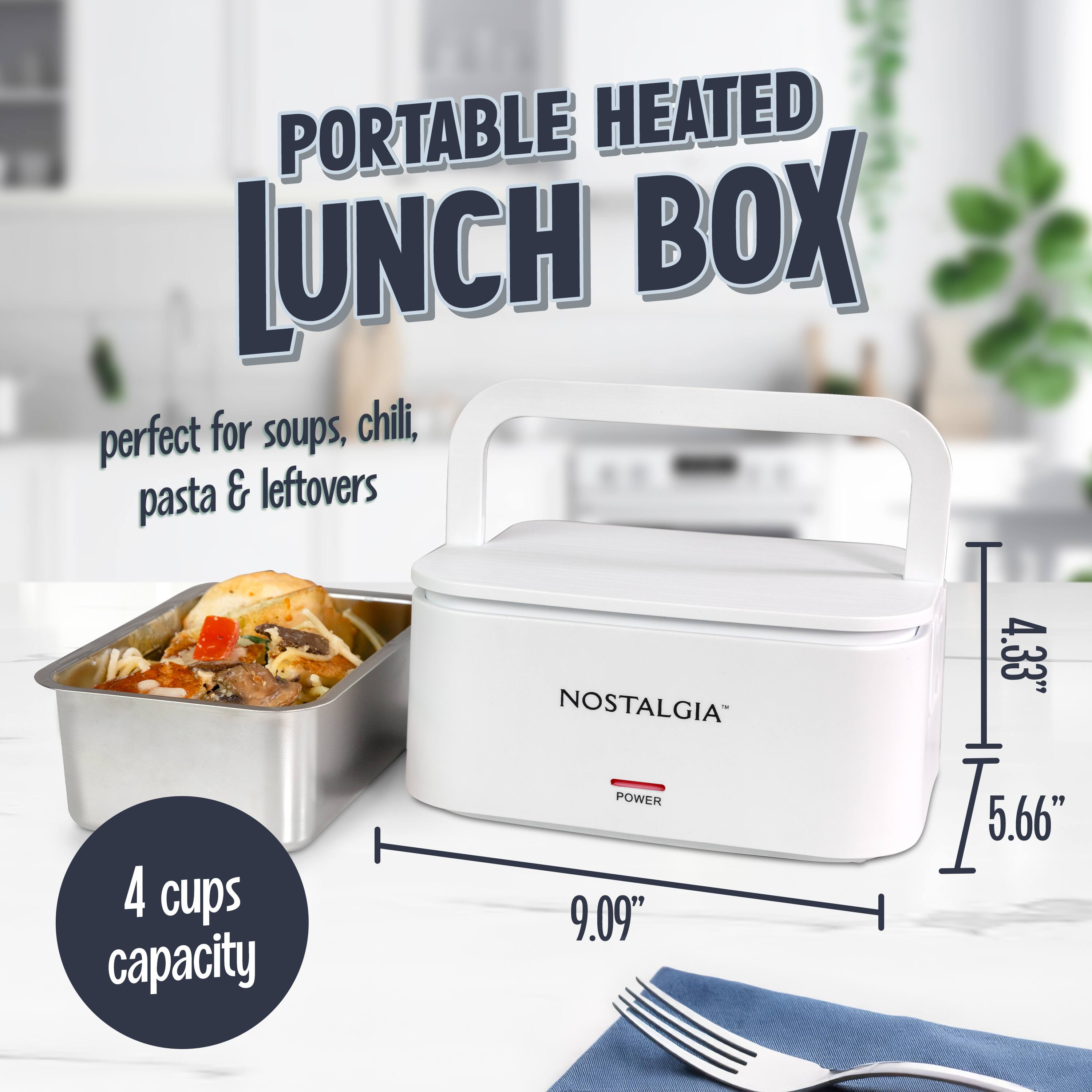 PORTABLE HEATED LUNCH BOX  
perfect for soups, chili, pasta & leftovers  

NOSTALGIA™  

4 cups capacity  

4.33" x 5.66" x 9.09"