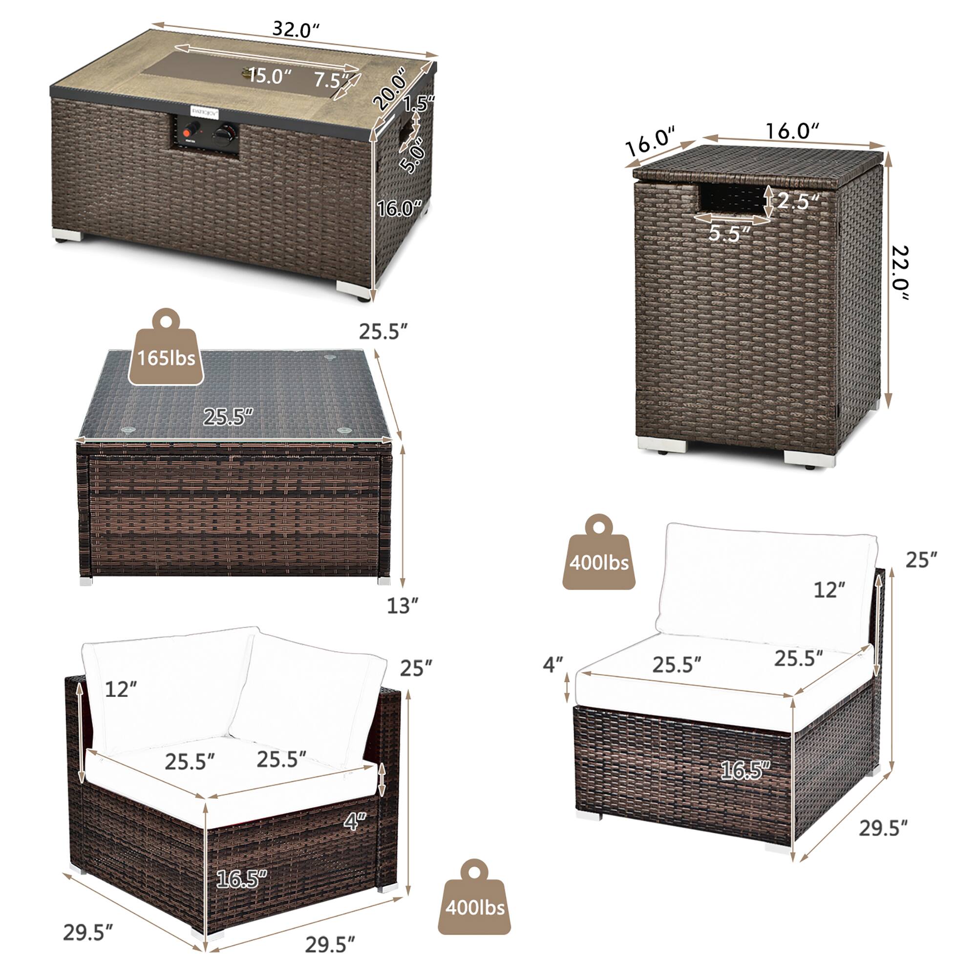 - 165lbs
- 32.0" x 15.0" x 7.5" x 20.0" x 1.5" x 5.0" x 16.0" x 25.5" x 16.0" x 16.0" x 2.5" x 5.5" x 22.0" x 25.5" x 13"
- 400lbs
- 12" x 25" x 12" x 25" x 4" x 25.5" x 25.5" x 25.5" x 25.5" x 16.5" x 4" x 29.5" x 29.5" x 16.5" x 29.5"
- 400lbs