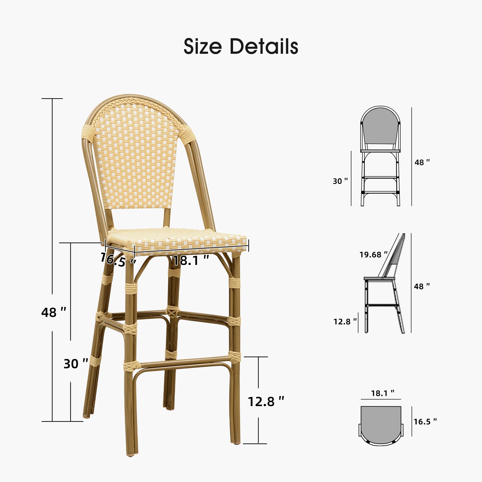 Size Details

- Height: 48"
- Width: 30"
- Depth: 16.5"
- Seat Height: 18.1"
- Back Height: 30"
- Armrest Height: 19.68"
- Seat Depth: 18.1"
- Seat Width: 16.5"
- Leg Width: 12.8"
- Leg Height: 12.8"