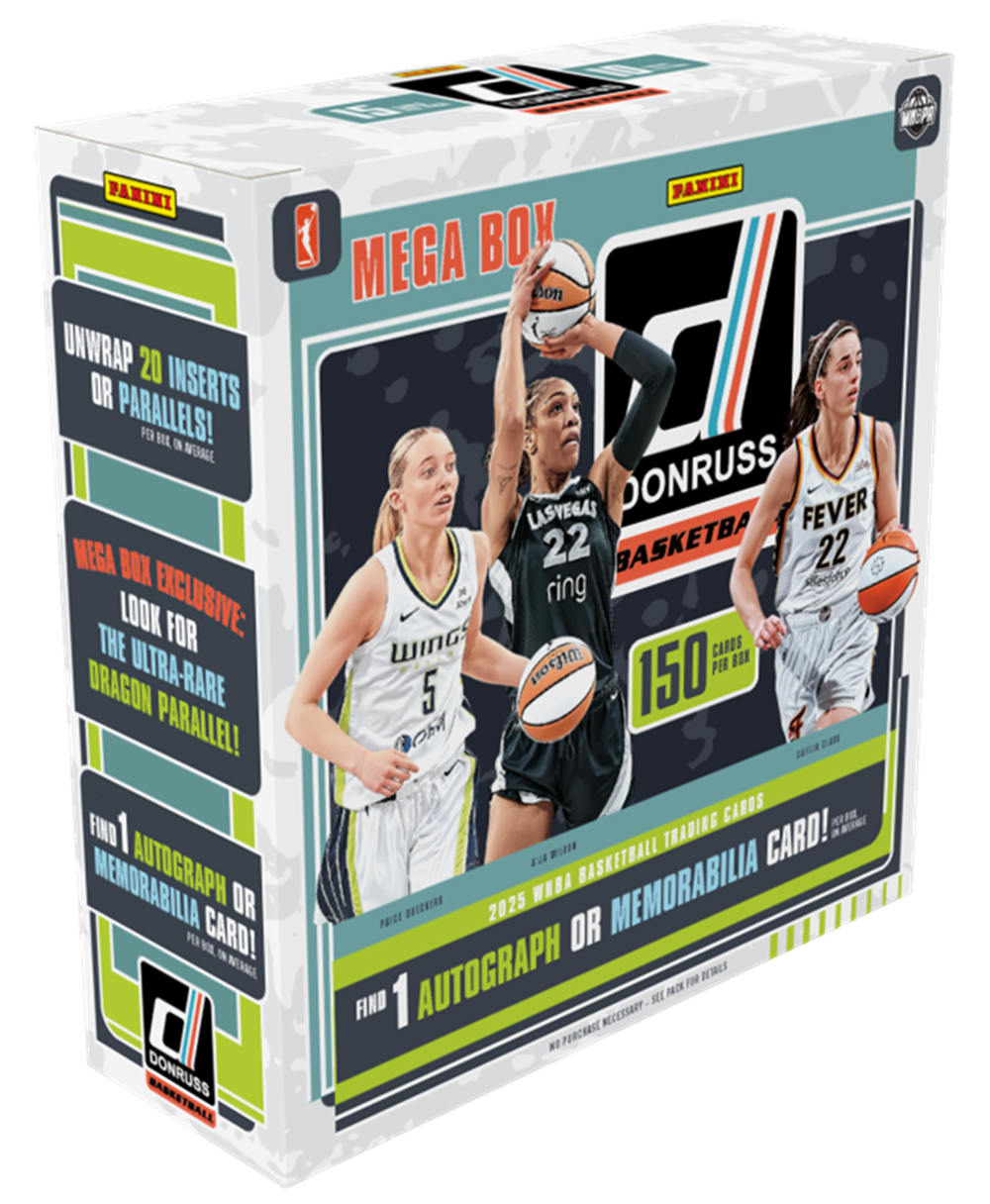 PANINI MEGA BOX: UNWRAP 20 INSERTS OR PARALLELS!  
2022 WNBA BASKETBALL  
LAS VEGAS MEGA BOX  
22 ring  
FEVER  
150 CARDS PER BOX  
MEGA BOX EXCLUSIVE: LOOK FOR THE ULTRA-RARE DRAGON PARALLEL!  
FIND 1 AUTOGRAPH OR MEMORABILIA CARD!  
NO PURCHASE NECESSARY. SEE PACK FOR DETAILS.