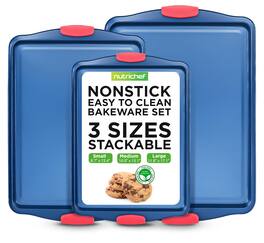 NutriChef - Nonstick 3-Piece Baking Pans Set – Carbon Steel Bakeware with Blue Coating & Red Silicone Handles (Blue)