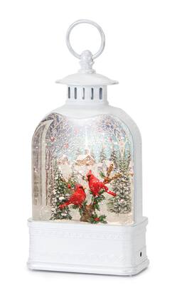 BreeBe - LED Snow Globe Lantern with Cardinal Forest Scene 10.5"H - White, Red, Green