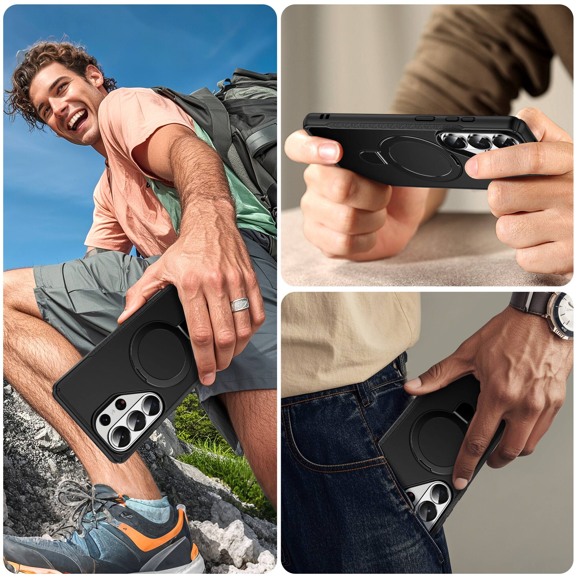 Back. Dteck - Case For Samsung Galaxy S26 Ultra Slim Magnetic Shockproof Rugged Cover With Adjustable Ring Stand, Mag Safe Compatible - Black.