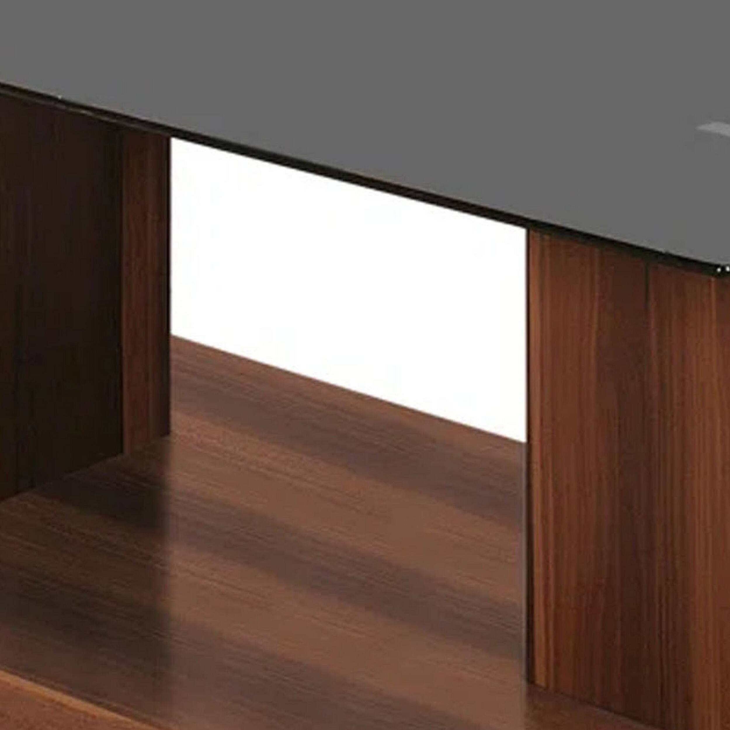 Alt View 2. Manhattan Lane - Liam 47 Inch Rectangular Coffee Table, Brown Wood, Pedestal Base, Glass Top - Brown, Black.