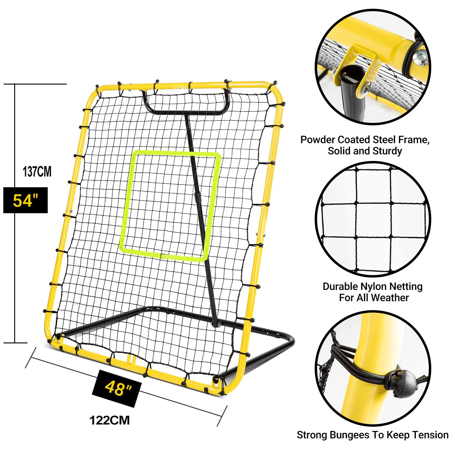 137CM Powder Coated Steel Frame, Solid and Sturdy  
54" Durable Nylon Netting For All Weather  
48" 122CM Strong Bungees To Keep Tension