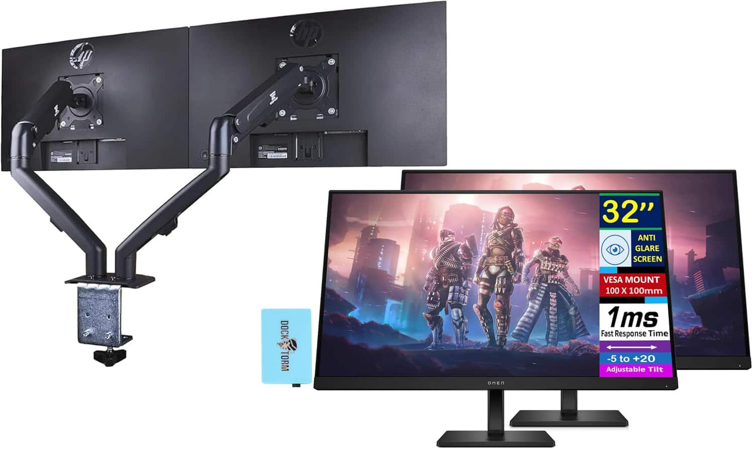 HP - OMEN 32" QHD IPS Monitor, 1ms Response Time, Anti-Glare, HDMI(780K0AA#ABA) 2Pack w/DKZ Hub & Ergoflexy Dual Mount Arm - Black