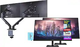 HP - OMEN 32" QHD IPS Monitor, 1ms Response Time, Anti-Glare, HDMI(780K0AA#ABA) 2Pack w/DKZ Hub & Ergoflexy Dual Mount Arm - Black