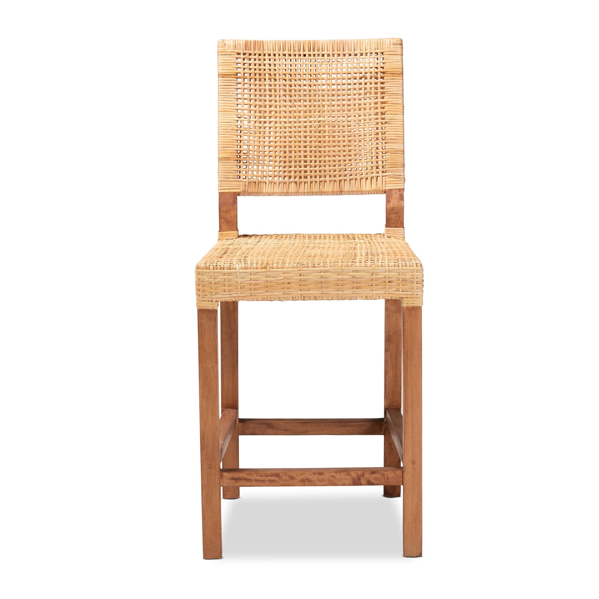 Angle. bali & pari - Lesia Modern Bohemian Natural Rattan and Walnut Mahogany Wood Counter Stool - Natural Brown/Walnut Brown.