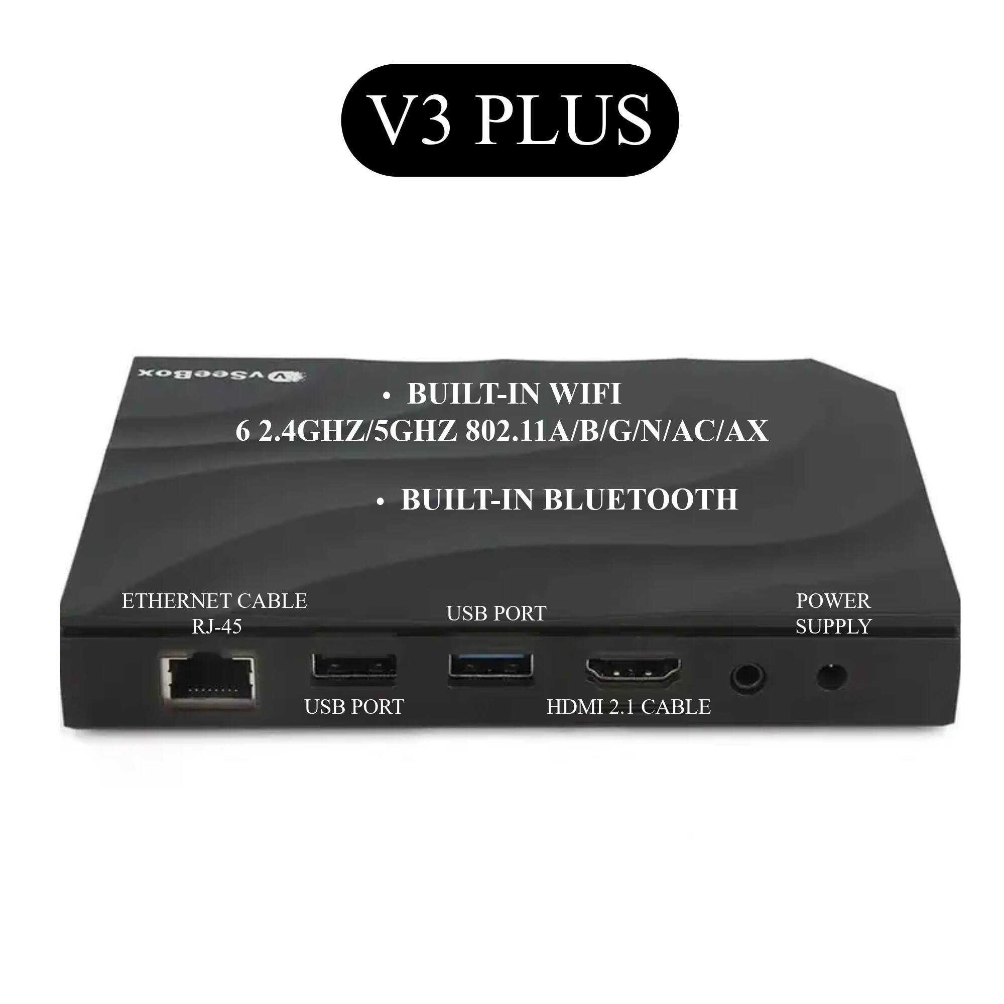 V3 PLUS

- BUILT-IN WIFI  
  6 2.4GHZ/5GHZ 802.11A/B/G/N/AC/AX

- BUILT-IN BLUETOOTH

ETHERNET CABLE  
RJ-45

USB PORT

HDMI 2.1 CABLE

POWER SUPPLY