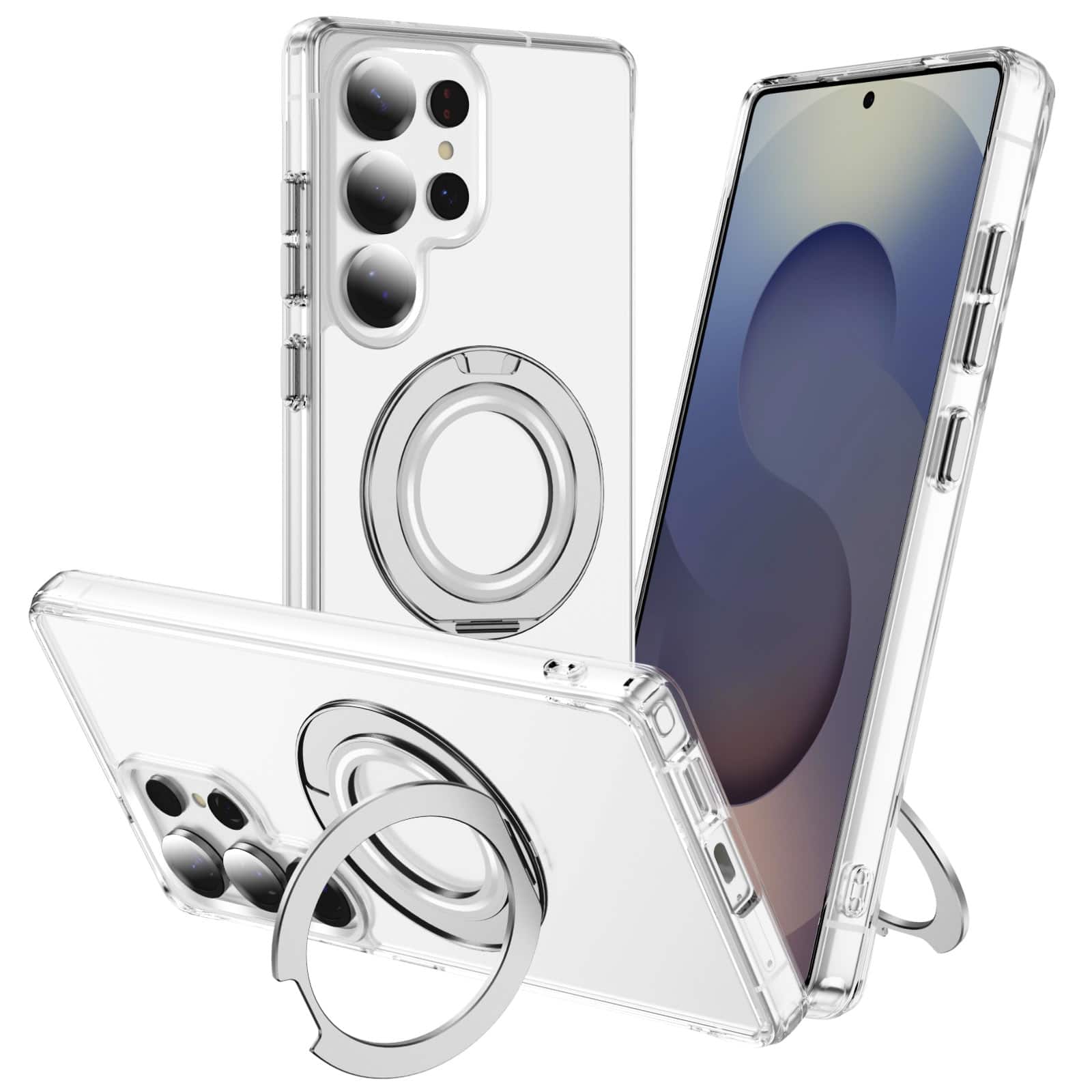 Alpha Digital - Full Protective SAMSUNG Galaxy S25 ULTRA Case w/ Magnetic Rotatable Ring Stand- Soft Flex -360 shockproof - Clear