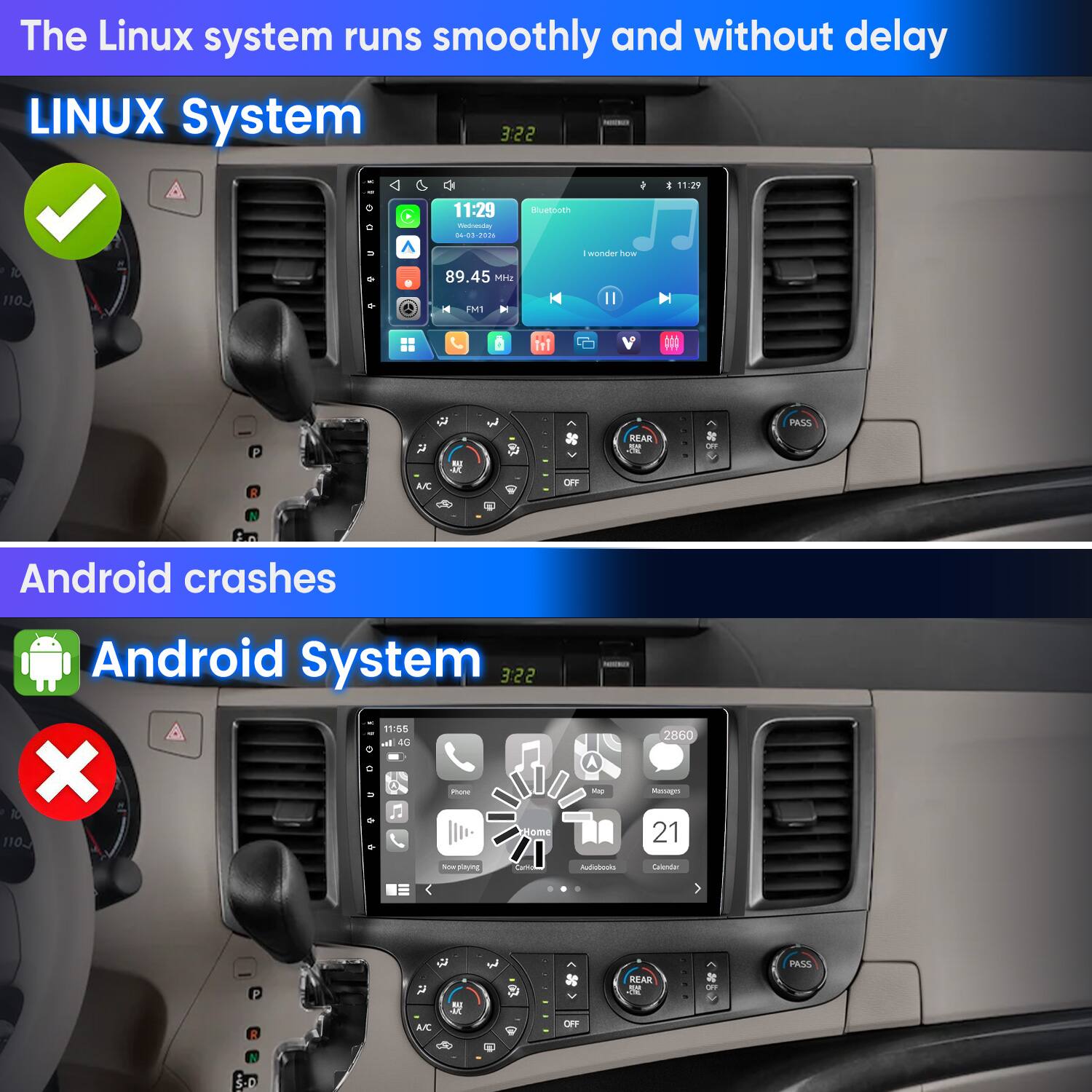 The Linux system runs smoothly and without delay  
LINUX System  
3:22  
11:29  
Wednesday 04-03-2026  
Bluetooth  
89.45 MHz FM1  
I wonder how  
REAR  
A/C OFF  
PASS  

Android crashes  
Android System  
3:22  
11:55  
4G  
Phone Home  
2860 Messages 21  
Son playing  
Audiobooks  
Calendar  
REAR  
A/C OFF  
PASS