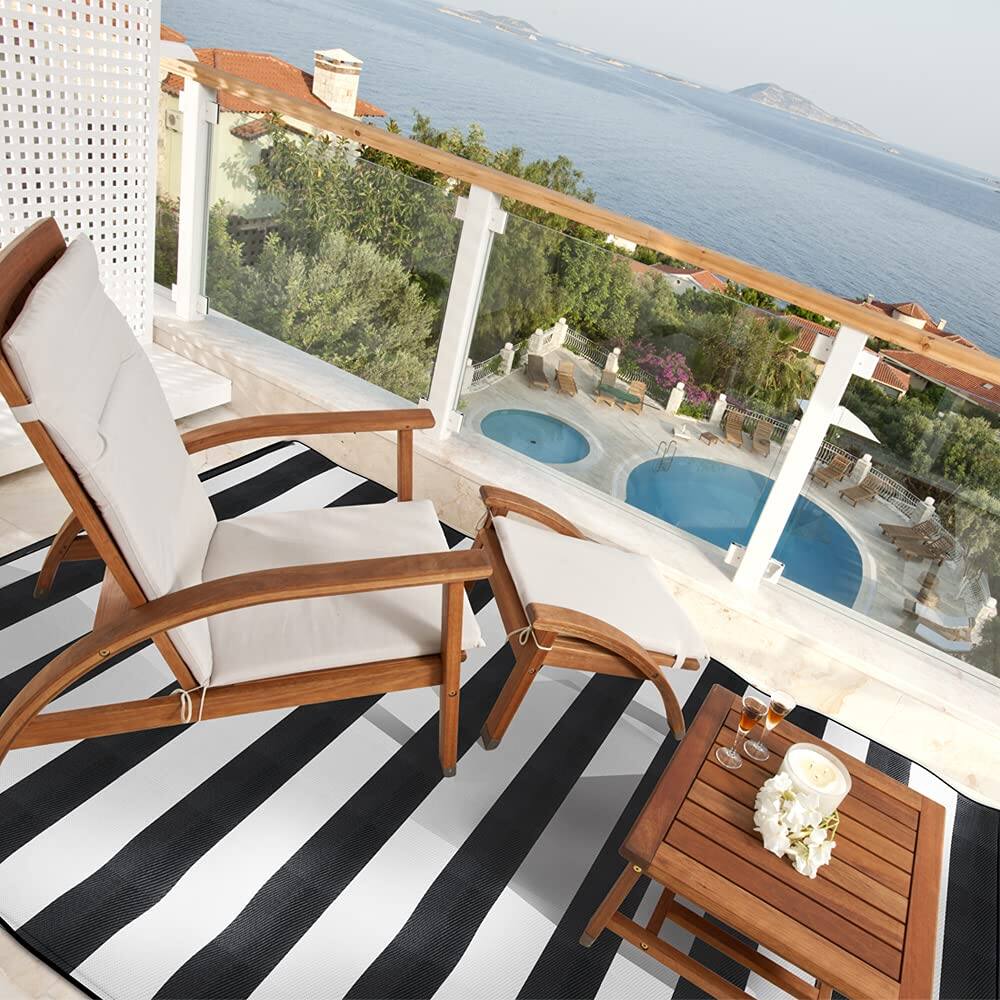 Back. Earthley Blooms - Plastic Straw Rug Outdoor Waterproof Patio Rugs Foldable Reversible Camping Mat For Rv Deck Porch Picnic Be... - H-aqua Blue/White-5' x 8'.