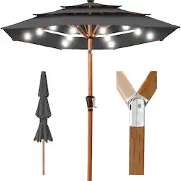 Best Choice Products - Woodgrain Pattern 10ft 3-Tier Solar Patio Umbrella w/ 24 LED Lights, Tilt - Gray