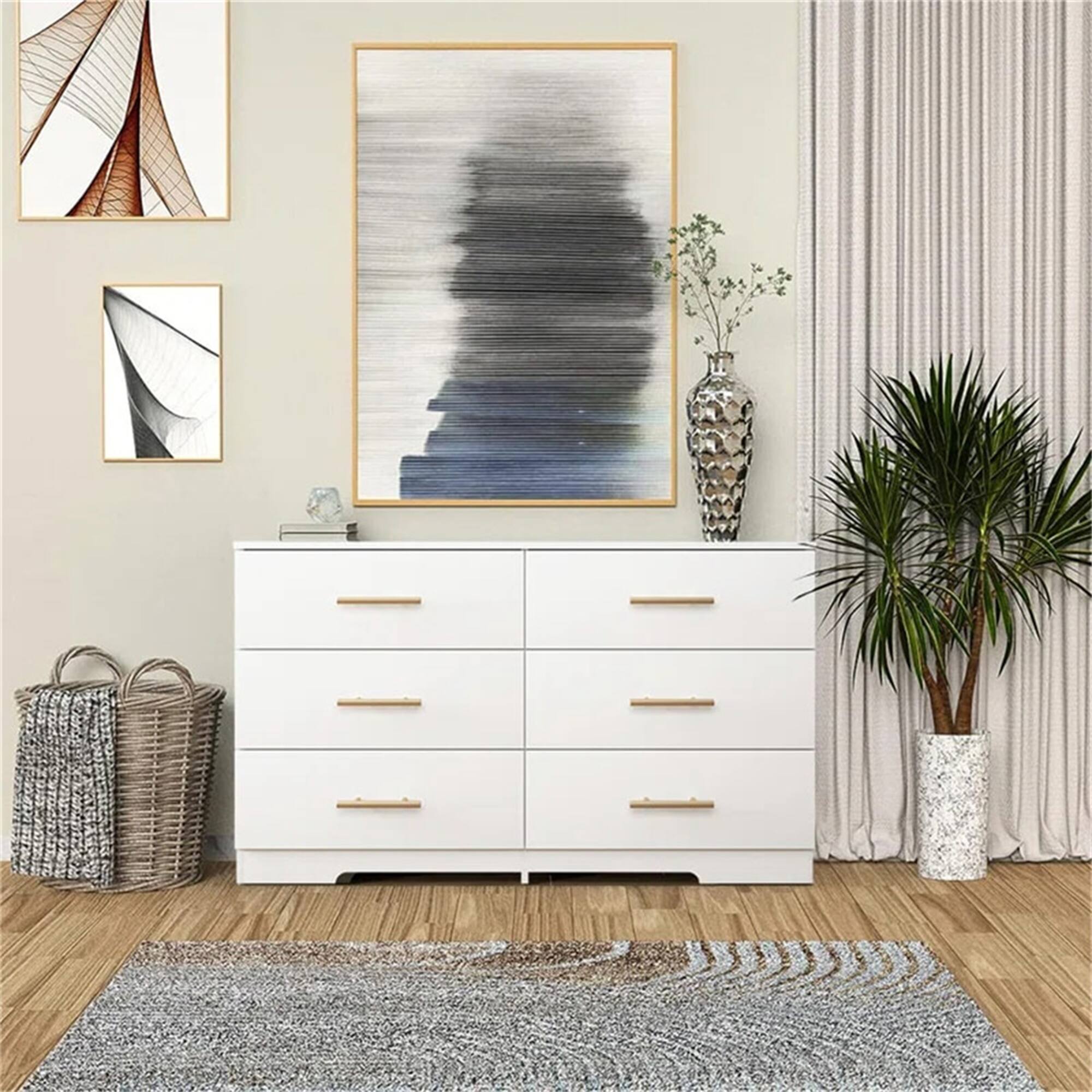 Back. Spaco - Modern 6 Drawer Dresser Table with Gold Handles, Minimalist Bedroom Vanity and TV Stand for Living Room - White.