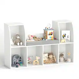 Costway - 6 Cubby Kid Storage Cabinet Bookcase Multi-Purpose Shelf Cushioned Reading Nook - White