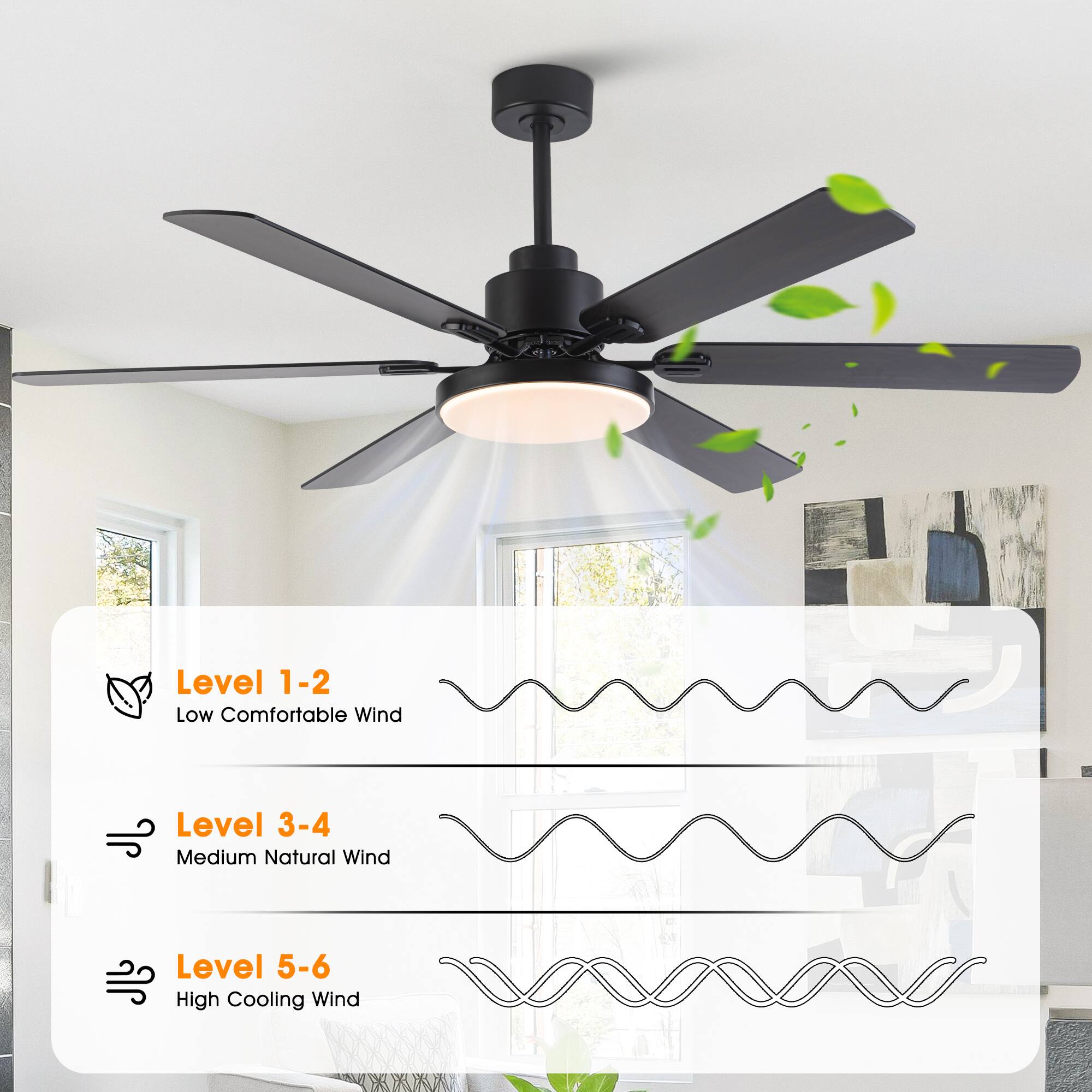 Level 1-2  
Low Comfortable Wind  

Level 3-4  
Medium Natural Wind  

Level 5-6  
High Cooling Wind