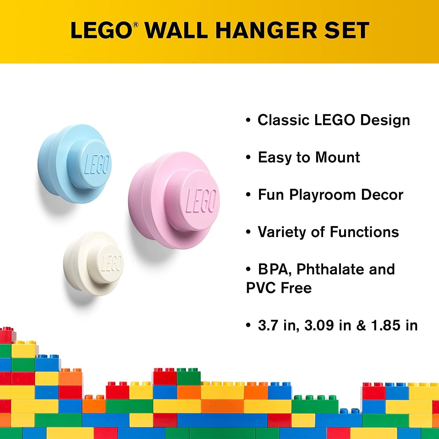 LEGO® WALL HANGER SET

- Classic LEGO Design
- Easy to Mount
- Fun Playroom Decor
- Variety of Functions
- BPA, Phthalate and PVC Free
- 3.7 in, 3.09 in & 1.85 in