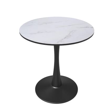 Front. LeisureMod - Bristol 27" Round Dining Table Modern MDF Tabletop, Black Steel Pedestal Base Accent Table for Kitchen & Small Spaces - Marbled White.