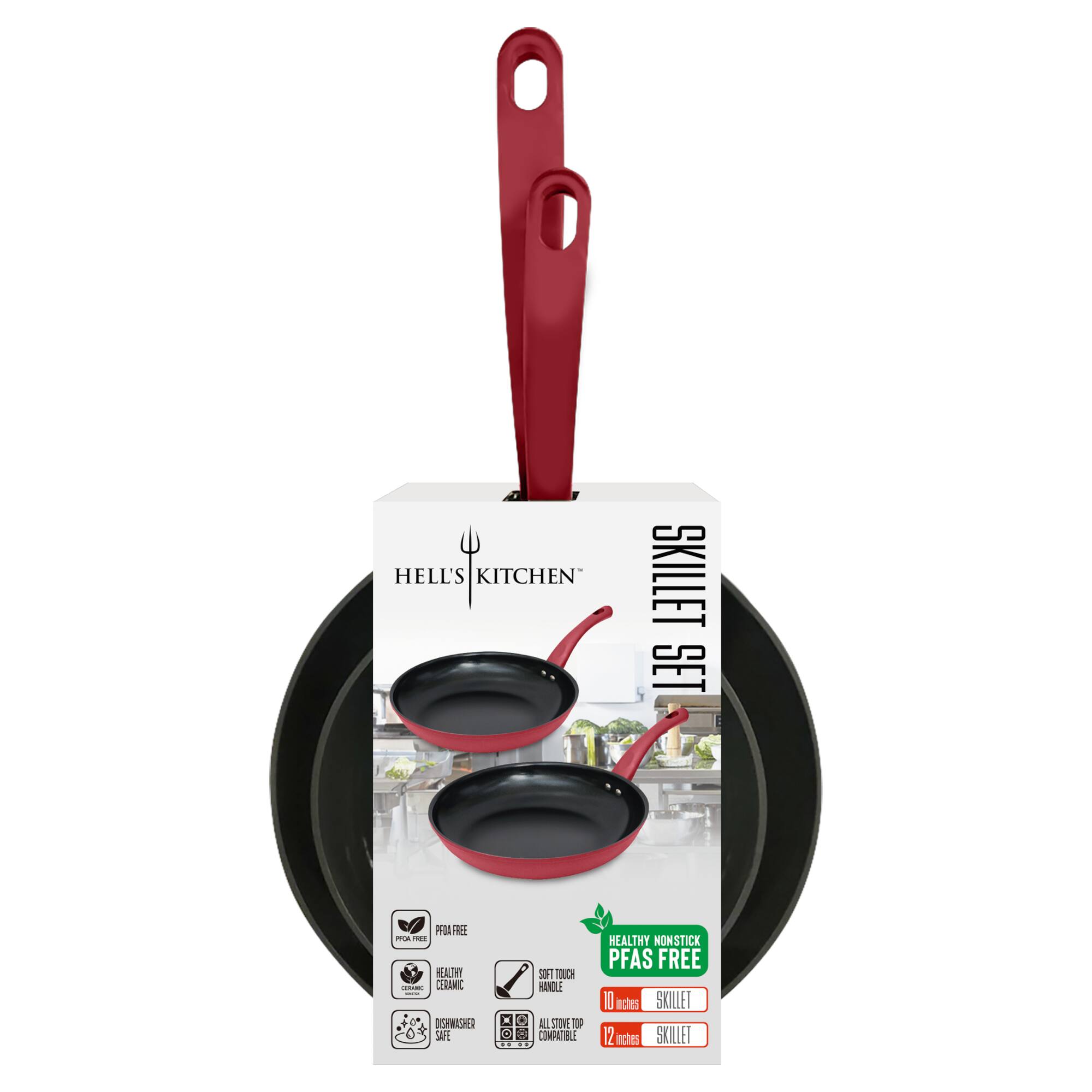 HELL'S KITCHEN SKILLET SET

- 10 inches SKILLET
- 12 inches SKILLET

HEALTHY NONSTICK
PFAS FREE

- PFOA FREE
- HEALTHY CERAMIC
- DISHWASHER SAFE
- ALL STOVES COMPATIBLE