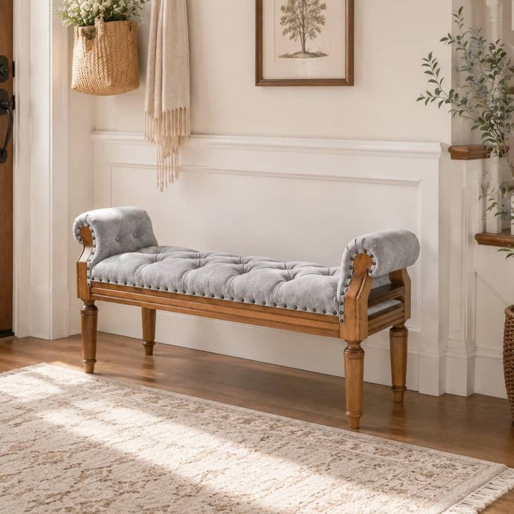 Ropilly - Grey Upholstered End of Bed Bench with Rolled Arms, Tufted Window Bench for Bedroom Entryway, Solid Wood - Gray