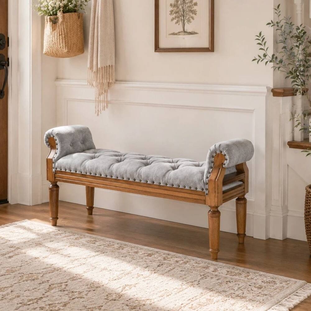 Front. Ropilly - Ropilly Grey Upholstered End of Bed Bench with Rolled Arms, Tufted Window Bench for Bedroom Entryway, Solid Wood - Grey.