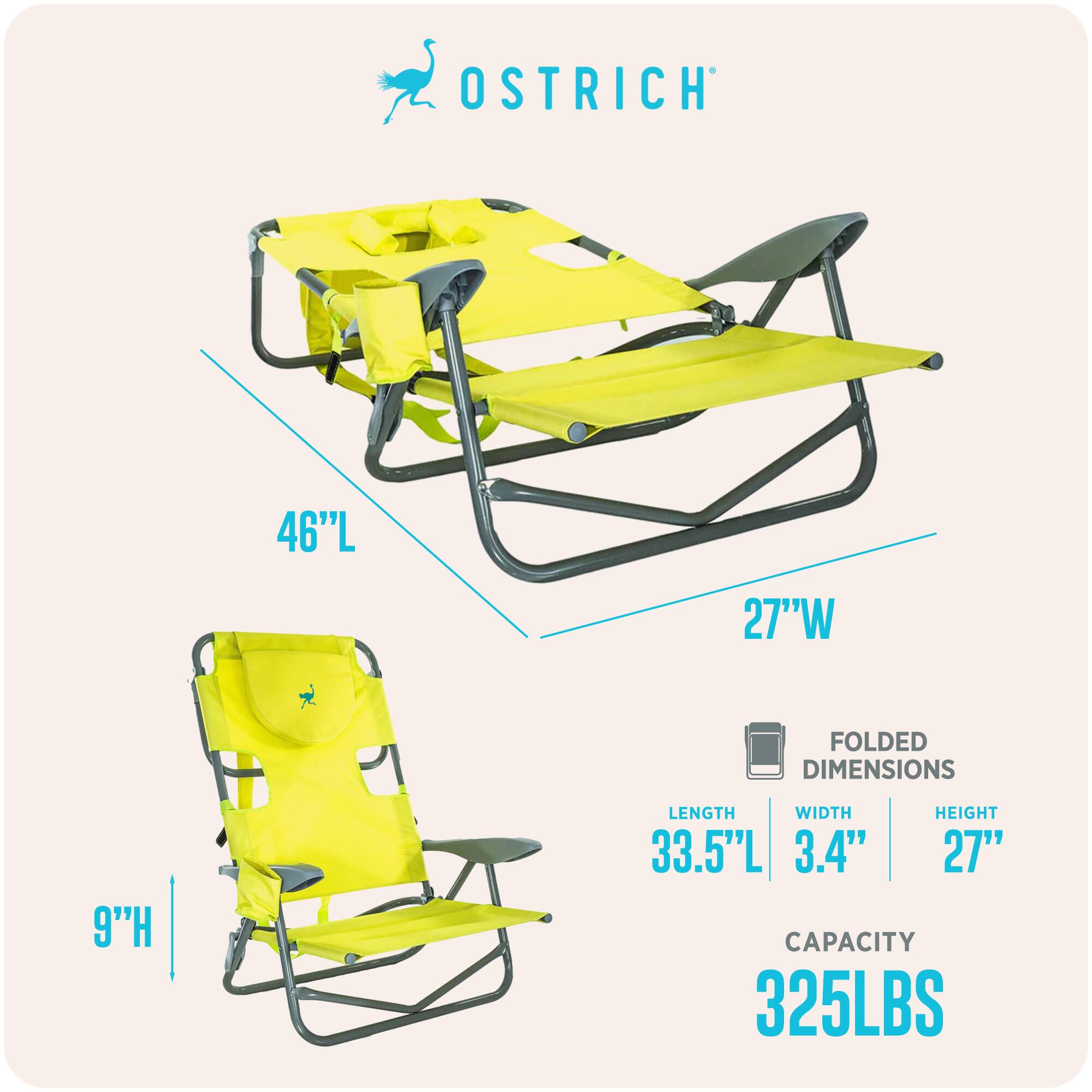 OSTRICH  
46"L x 27"W  
FOLDED DIMENSIONS: 9"H x 33.5"L x 3.4"W x 27"H  
CAPACITY: 325LBS
