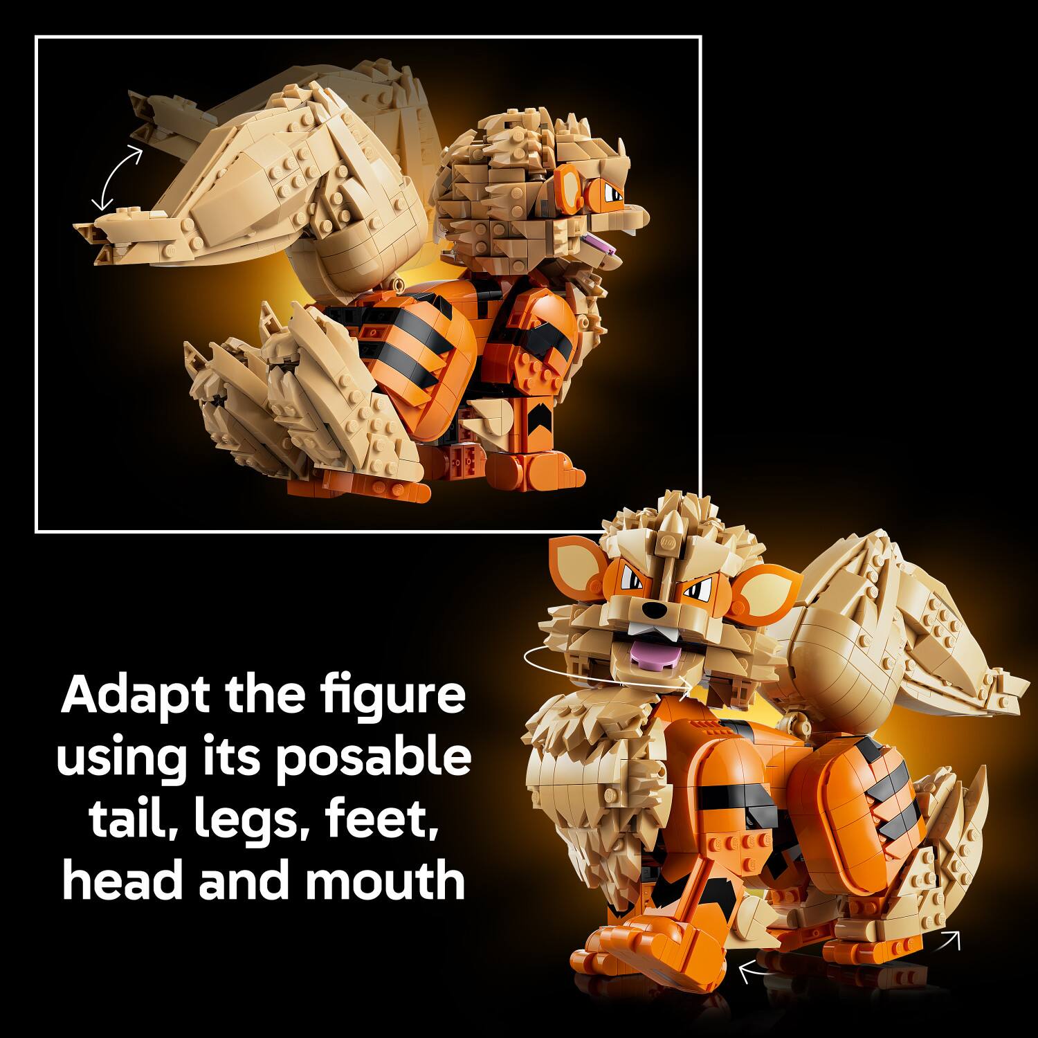 Adapt the figure using its posable tail, legs, feet, head and mouth