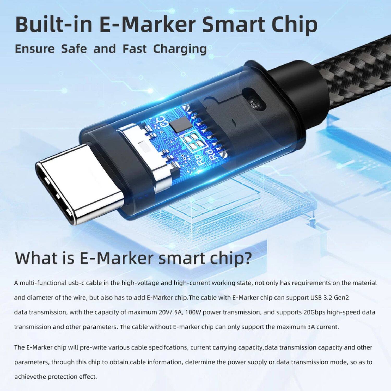 **Built-in E-Marker Smart Chip**  
Ensure Safe and Fast Charging

**What is E-Marker smart chip?**

A multi-functional USB-C cable in the high-voltage and high-current working state, not only has requirements on the material and diameter of the wire, but also has to add E-Marker chip. The cable with E-Marker chip can support USB 3.2 Gen2 data transmission, with the capacity of maximum 20V/5A, 100W power transmission, and supports 20Gbps high-speed data transmission and other parameters. The cable without E-marker chip can only support the maximum 3A current.

The E-Marker chip will pre-write various cable specifications, current carrying capacity, data transmission capacity and other parameters, through this chip to obtain cable information, determine the power supply or data transmission mode, so as to achieve the protection effect.