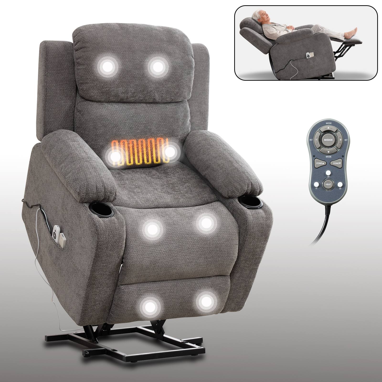 Angle. CheryLife - Grey Lift Recliner Chair with 8-Point Vibration Massage and Lumbar Heating Up to 350 LBS - Gray.