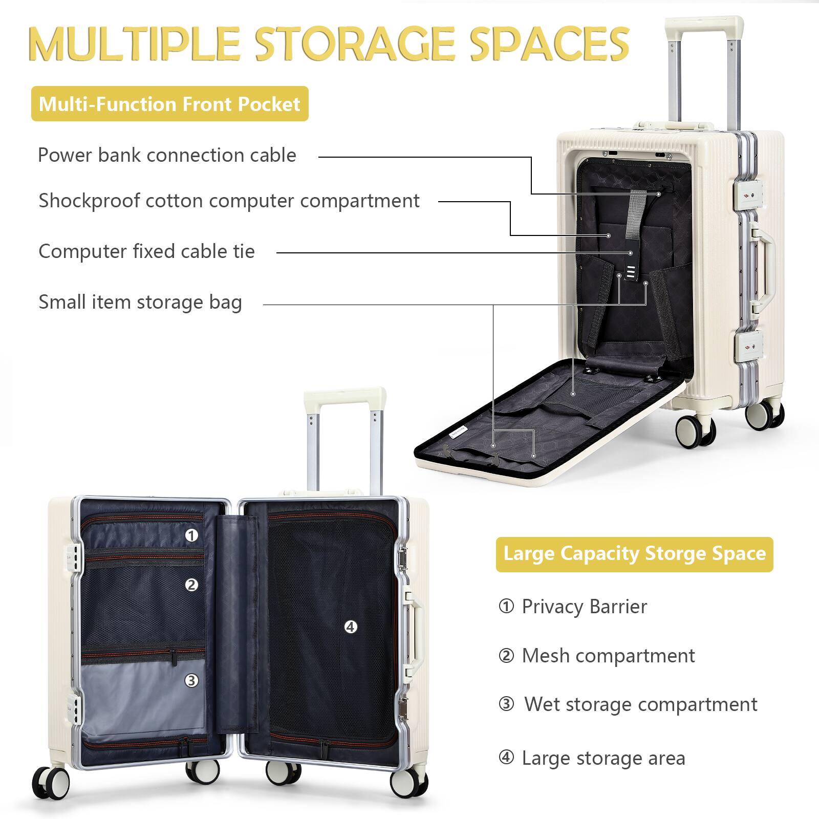 MULTIPLE STORAGE SPACES

Multi-Function Front Pocket
- Power bank connection cable
- Shockproof cotton computer compartment
- Computer fixed cable tie
- Small item storage bag

Large Capacity Storage Space
1. Privacy Barrier
2. Mesh compartment
3. Wet storage compartment
4. Large storage area