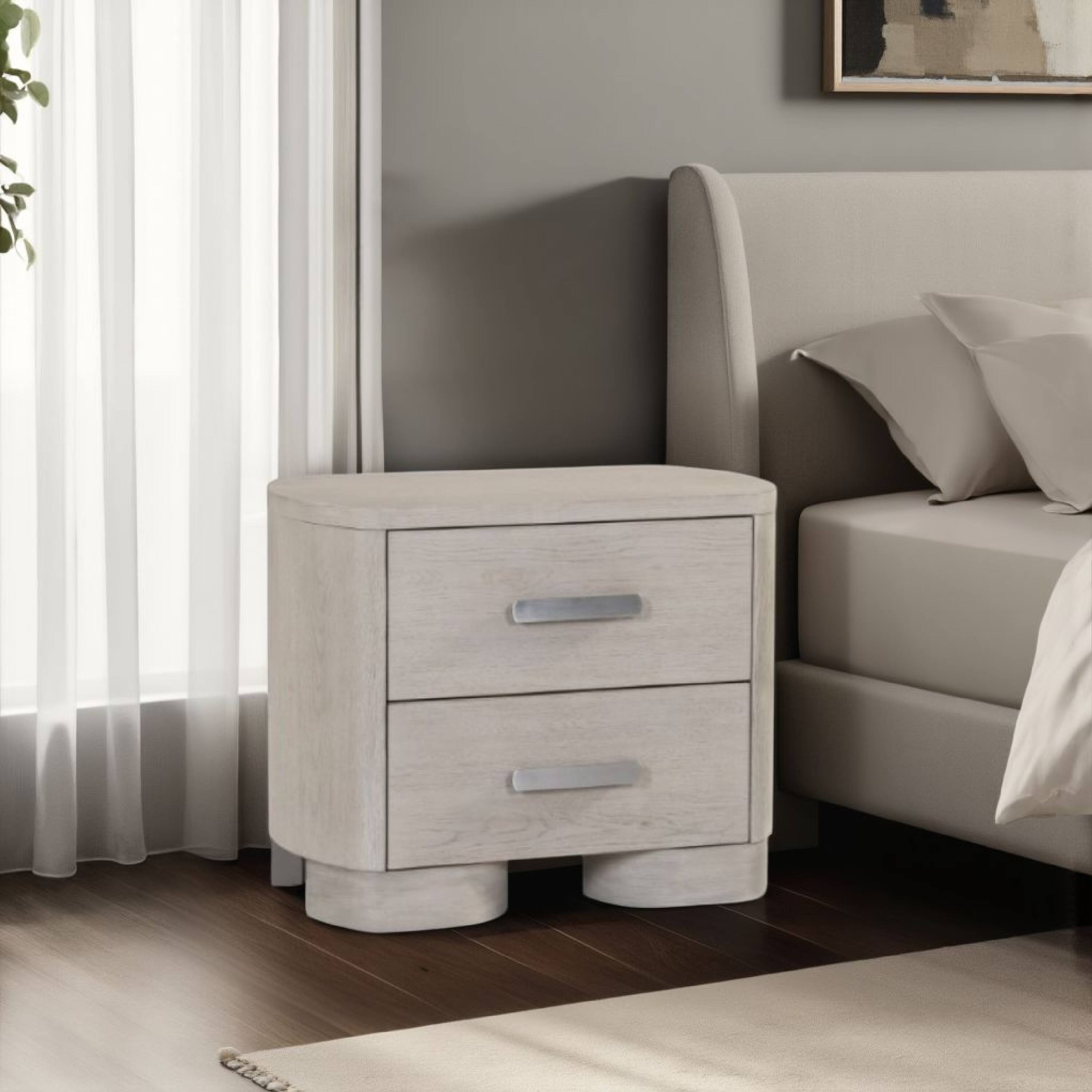 Alt View 5. Manhattan Lane - Celly Nightstand with USB Ports and 2 Drawers - White Oak, Pewter.