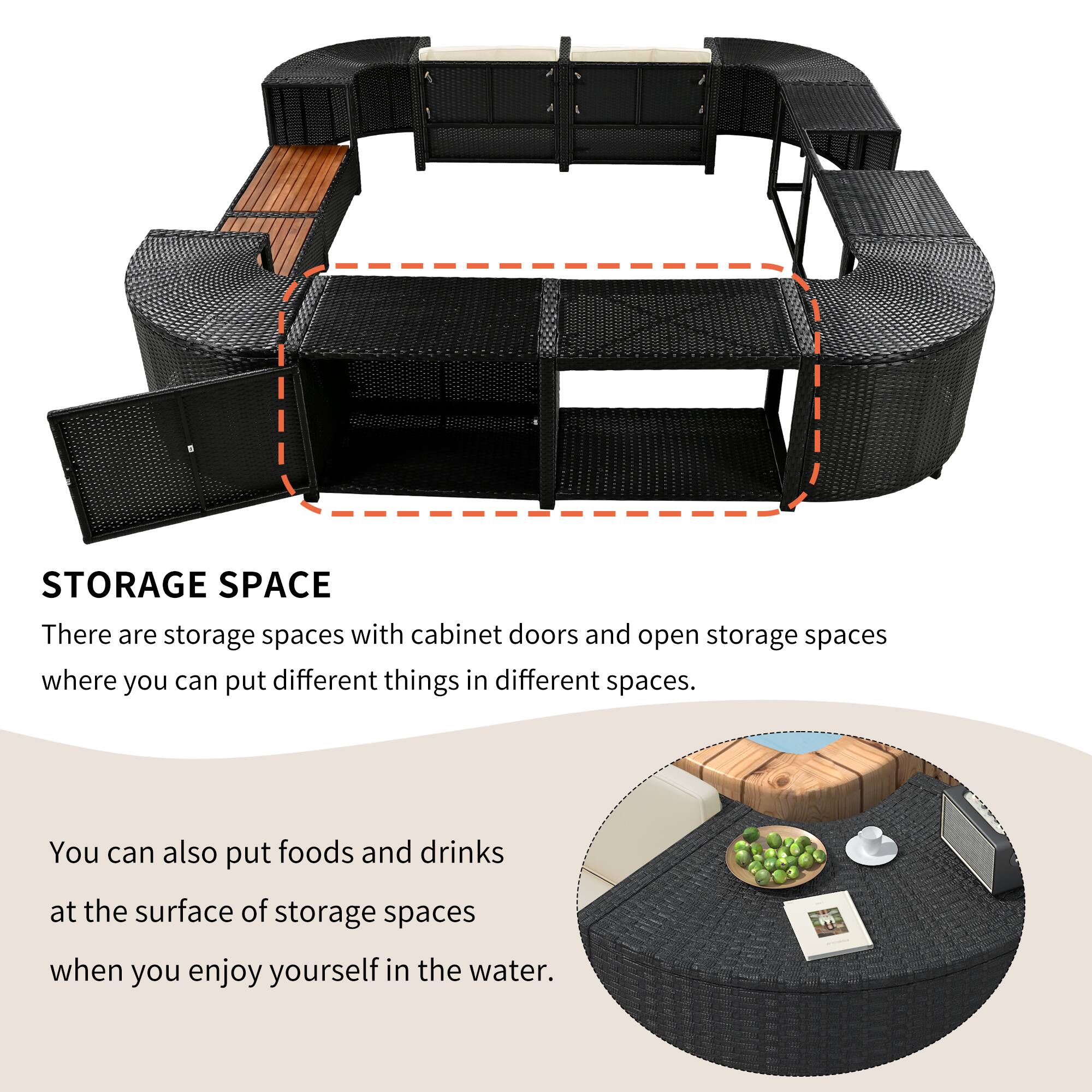 STORAGE SPACE

There are storage spaces with cabinet doors and open storage spaces where you can put different things in different spaces.

You can also put foods and drinks at the surface of storage spaces when you enjoy yourself in the water.