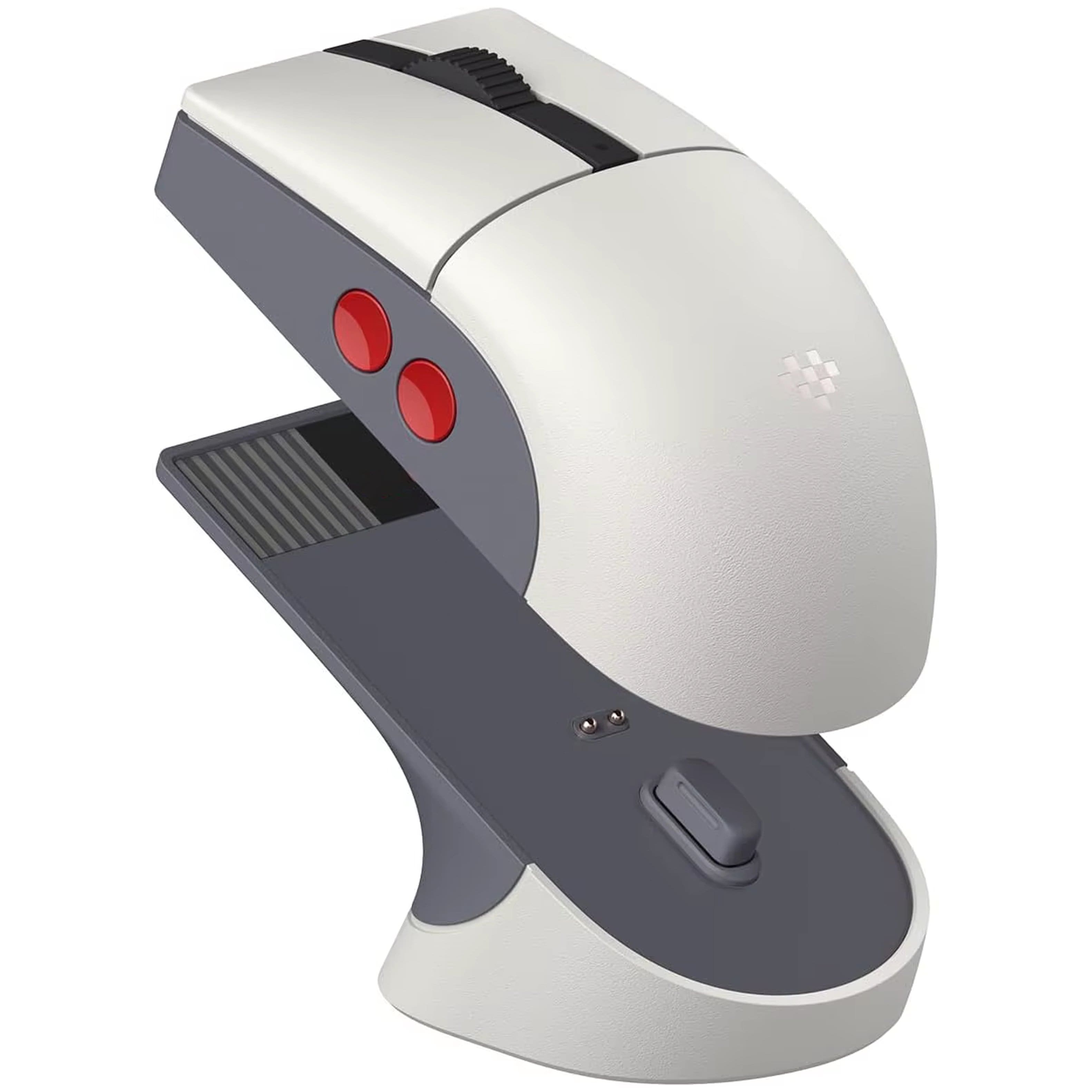 PRIMEPLUS - Retro Gaming Mouse with Charging Dock, 26K DPI PAW 3395 Sensor, 4K Polling Rate, Programmable Buttons - Wireless - Gray Red