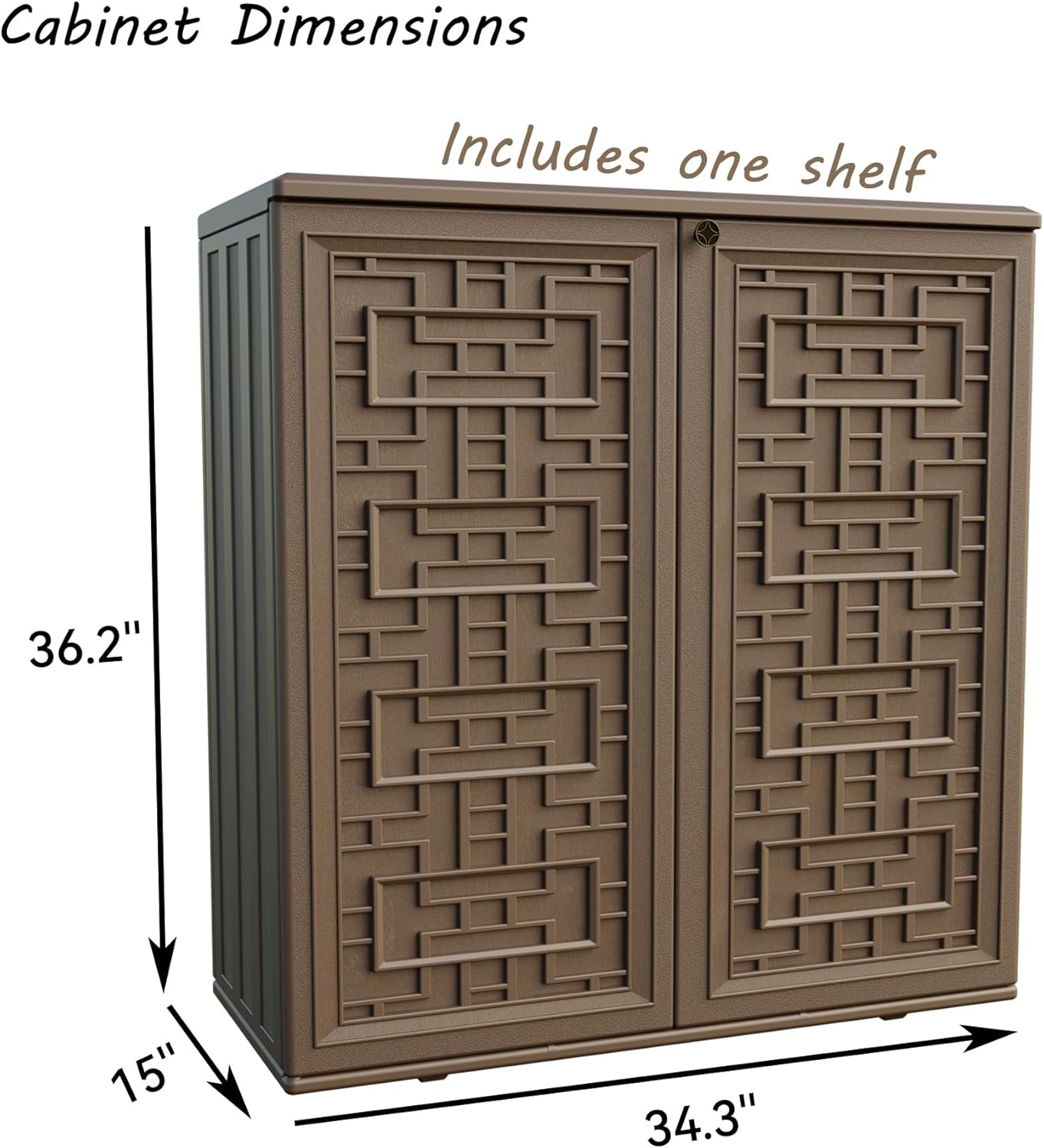 Cabinet Dimensions  
Includes one shelf  
36.2" x 15" x 34.3"