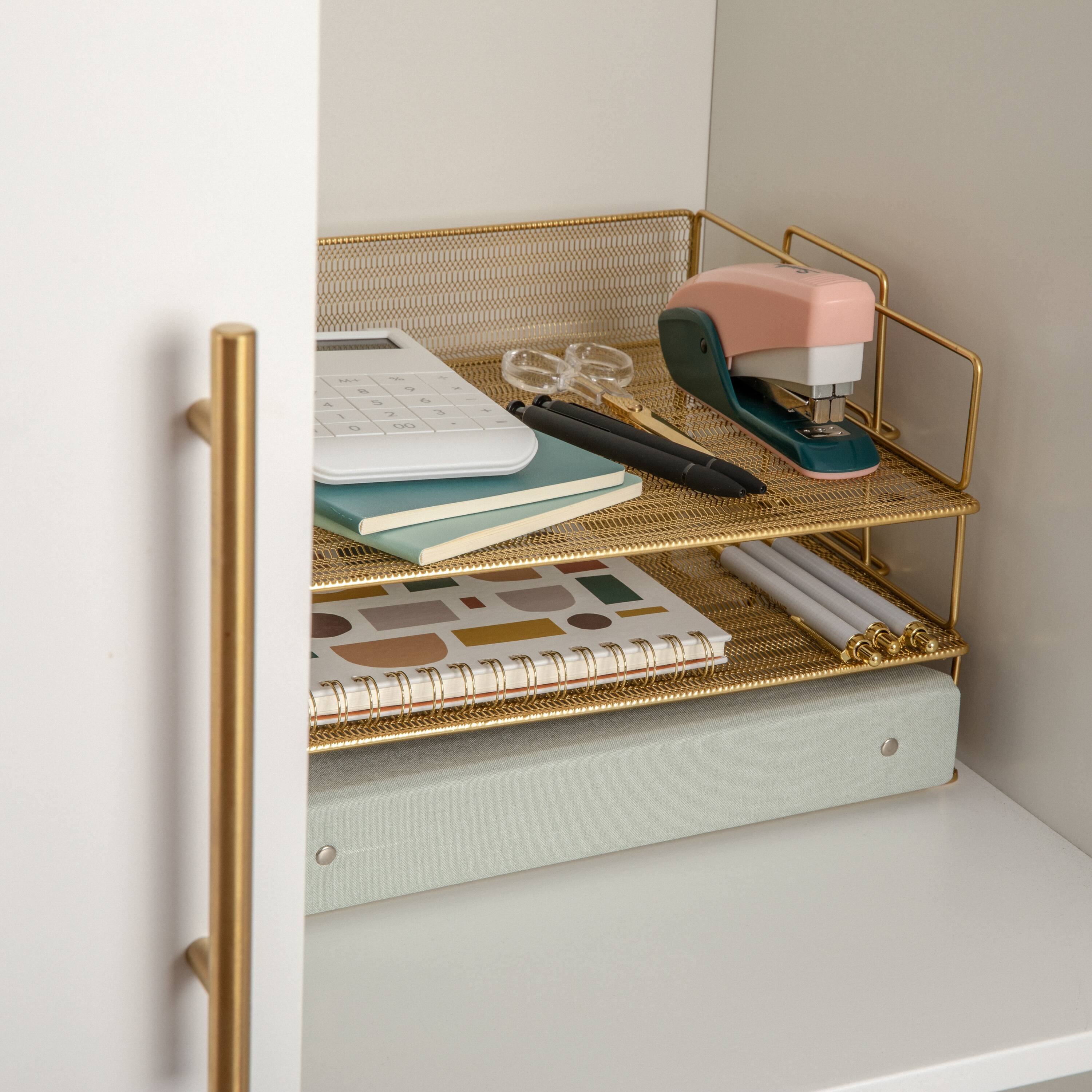 Alt View 13. Martha Stewart - Ryder Steel Mesh 3 Tier Stackable Desktop Organizer - Gold.