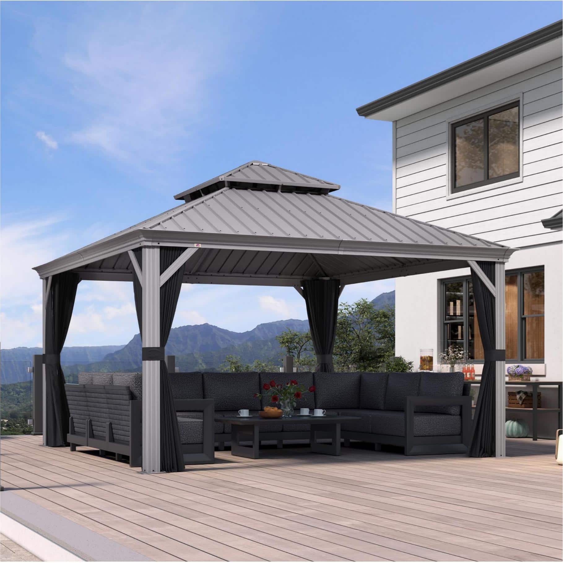 Front. PURPLE LEAF - 13' X 13' Light Gray Aluminum Power-Coated Frame Galvanized Steel Double Roof Hardtop Gazebo,Hooks Netting Curtain - 13' X 13'.