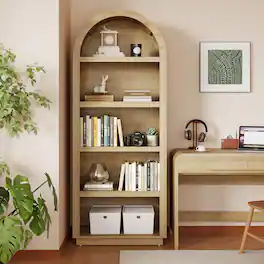 Bestier - 5-Tier Arched Bookcase, Modern Open Display Bookshelf with 2 Adjustable Shelves for Study - Natural Oak