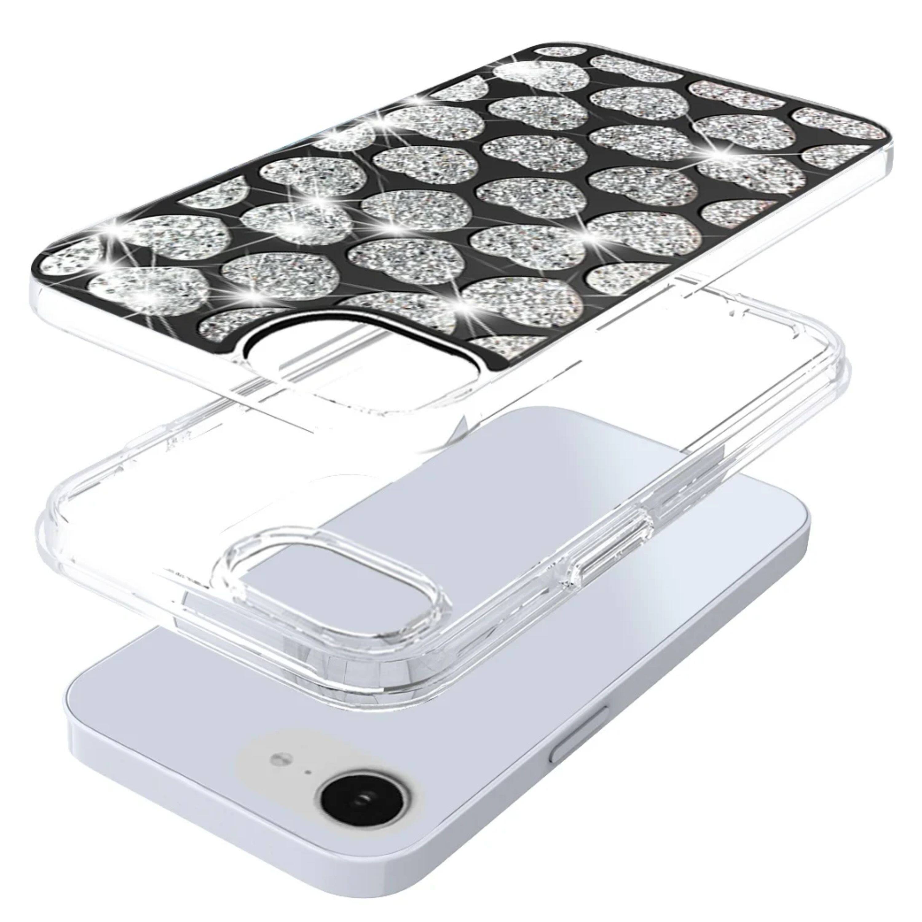 Angle. Kitcheniva - Shimmering Bling Hybrid Phone Case With Tempered Glass For iPhone 16e/17e Hearts - Multicolor.